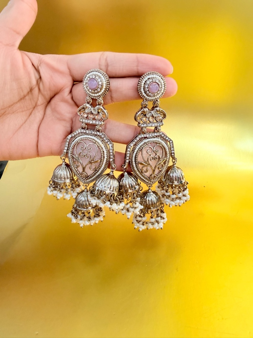 Statement Jhumka Earrings in Light Pink and Gold - Elegant Bridal Style
